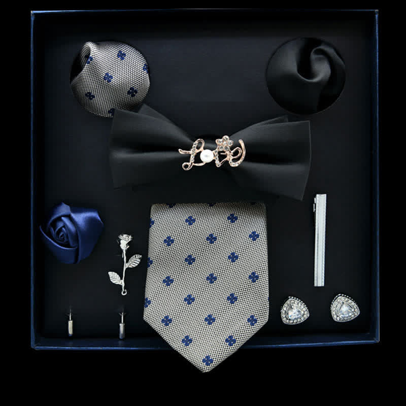 Caja de regalo con 8 pajaritas informales con diseño floral en color negro y gris pizarra claro - Negro y gris pizarra claro - image 0