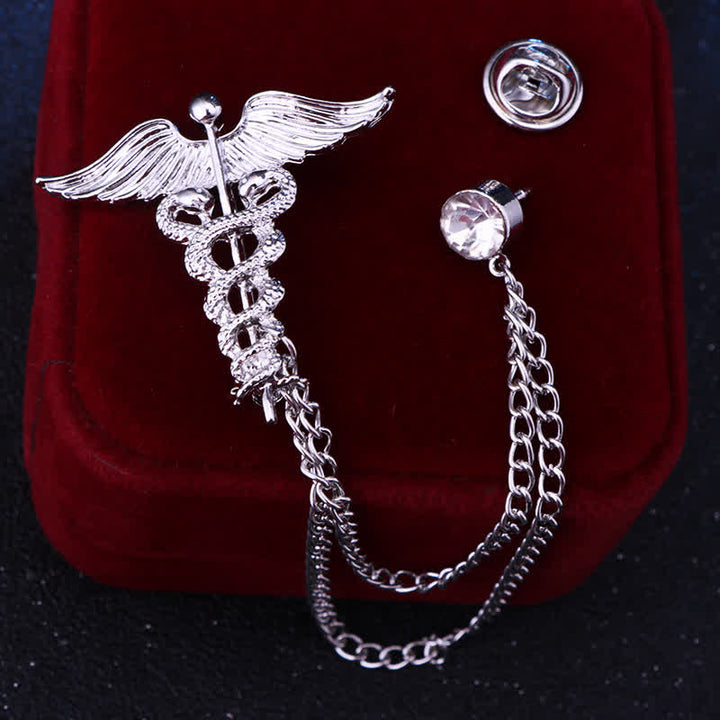 Broche de cadena con serpientes dobles y caduceo para hombre