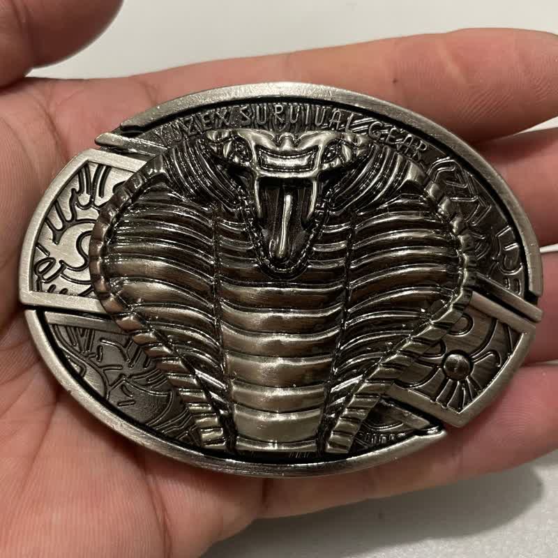 Cinturón de cuero con cuchillo plegable oculto de cobra venenosa para hombre