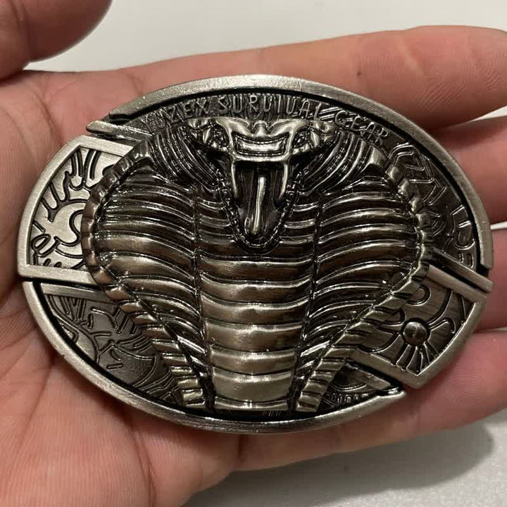 Cinturón de cuero con cuchillo plegable oculto de cobra venenosa para hombre