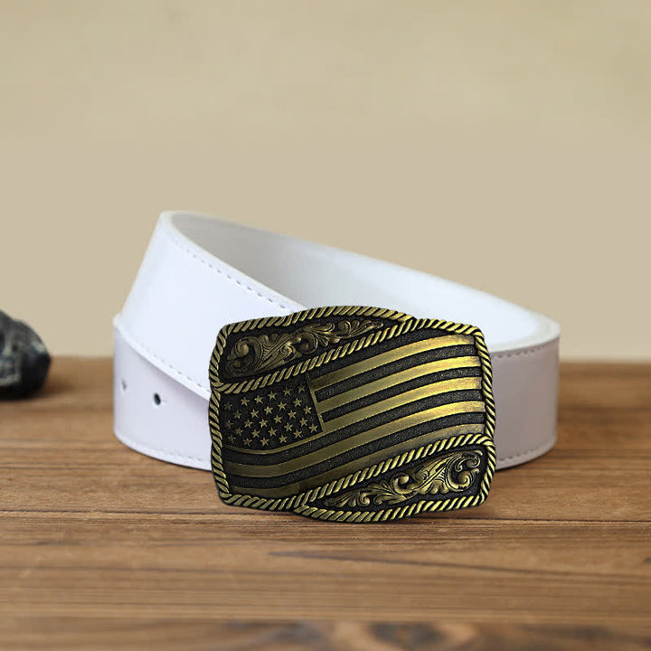 Cinturón de cuero con hebilla antigua de la bandera estadounidense para hombre, hecho a mano