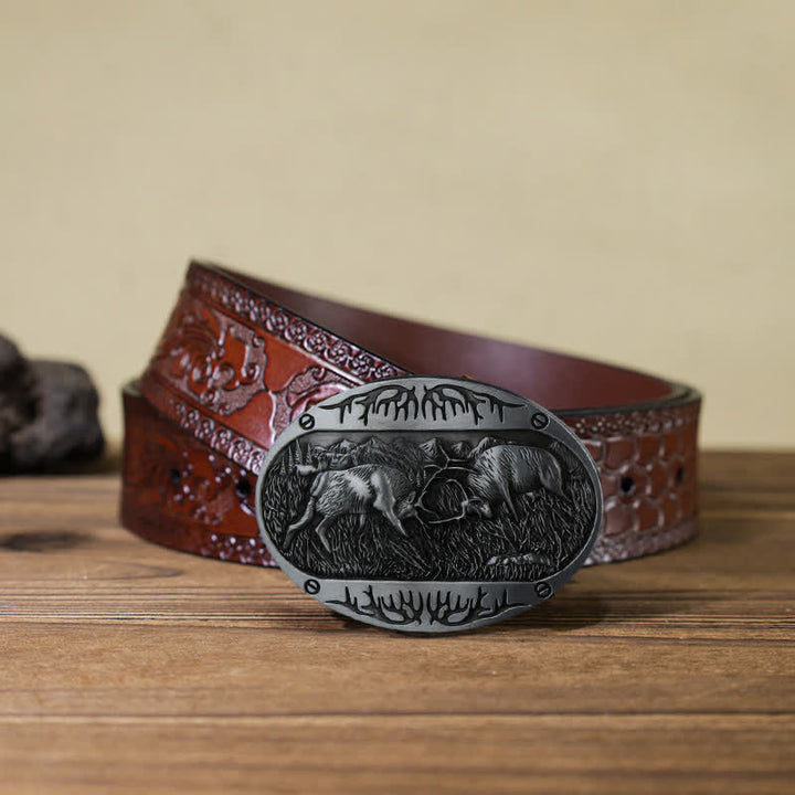 Cinturón de cuero estilo western con hebilla de ciervo salvaje para hombre, hecho a mano