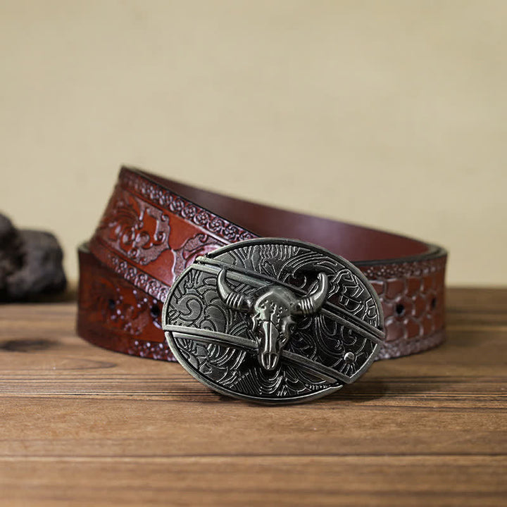 Cinturón de cuero con cuchillo plegable oculto de toro Longhorn para hombre