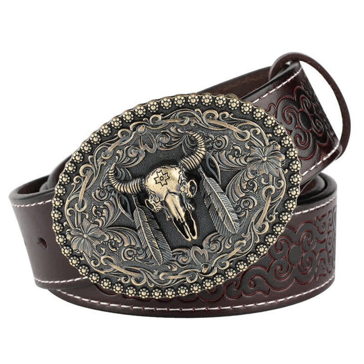 Cinturón de cuero para jeans con pluma grabada de toro para hombre