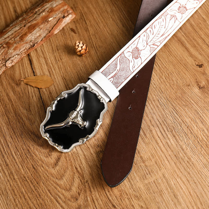 Cinturón de cuero con cabeza de toro de cuernos largos del oeste negro para hombre