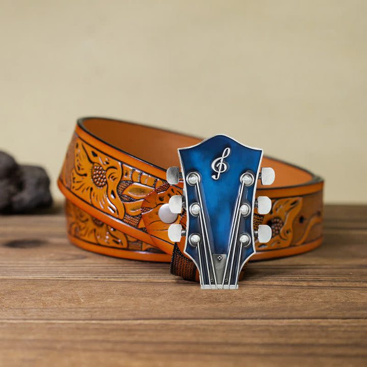 Cinturón de cuero con hebilla de clavijero de guitarra musical para hombre hecho a mano