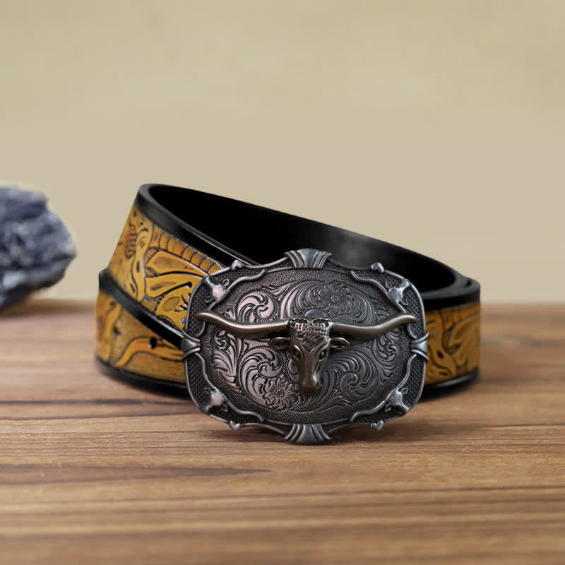 Cinturón de cuero con hebilla cuadrada de toro Longhorn plateado para hombre hecho a mano