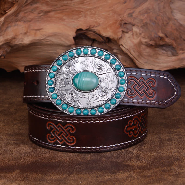 Cinturón unisex de piel de ágata de jade y turquesa rosa tallada