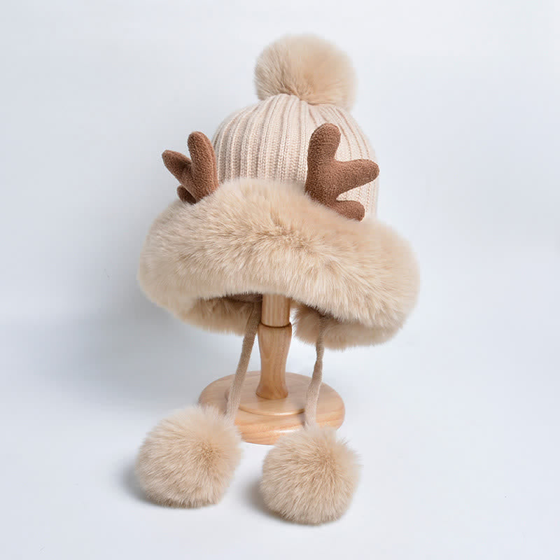 Gorro de punto con pompón de cuerno de ciervo para mujer
