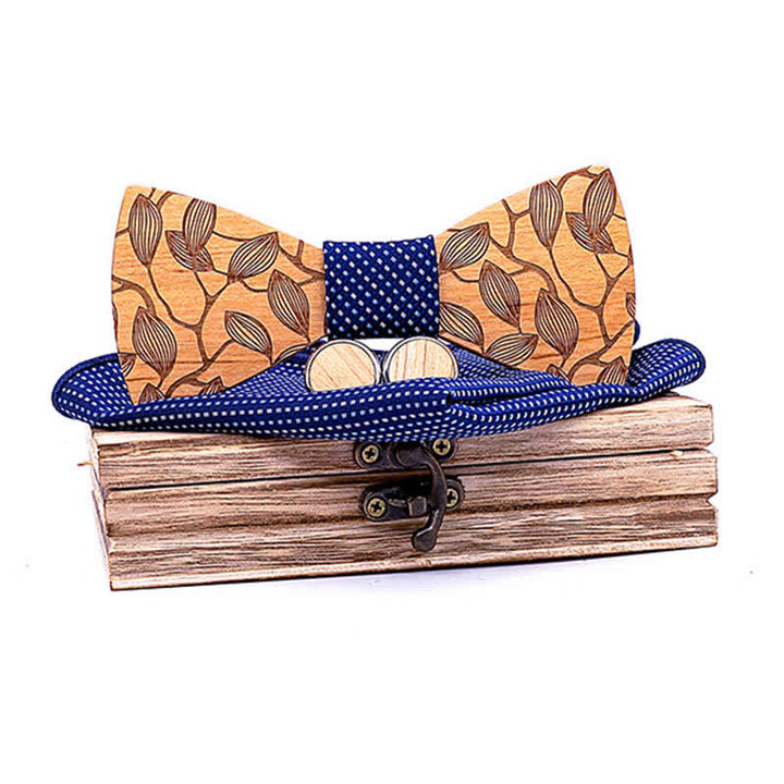 Juego de 3 pajaritas de madera con estampado de hojas para hombre