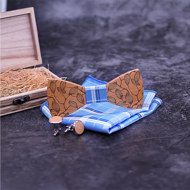 Juego de 3 pajaritas de madera con estampado de hojas para hombre