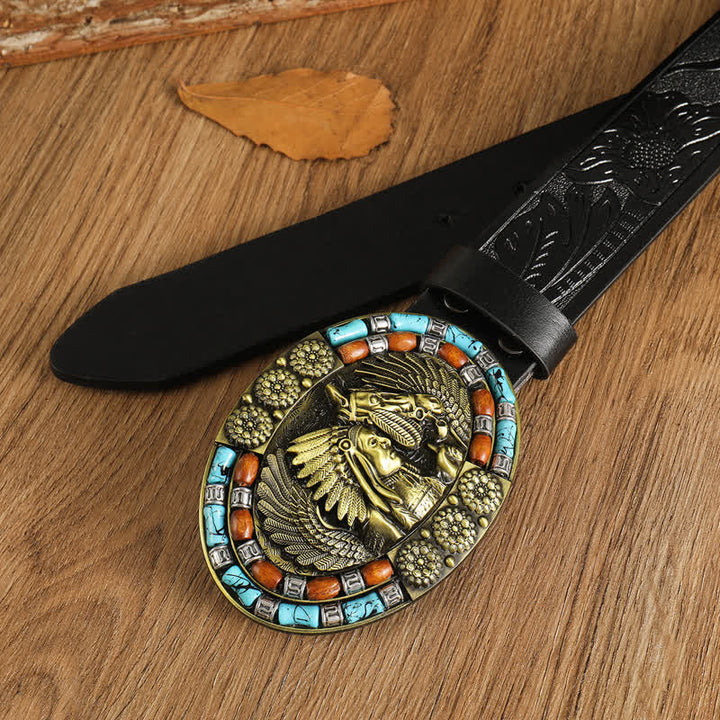 Cinturón de cuero turquesa con diseño bohemio indio para hombre