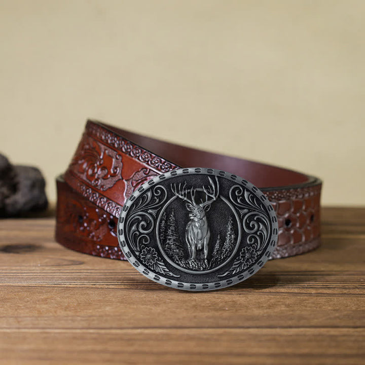 Cinturón de cuero con hebilla de bandera estadounidense para hombre, hecho a mano, con diseño de ciervos