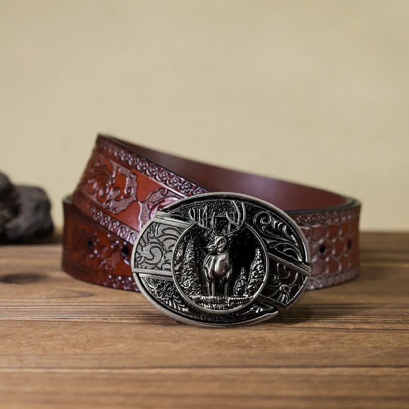 Cinturón de cuero con cuchillo plegable oculto con diseño de ciervo del bosque para hombre