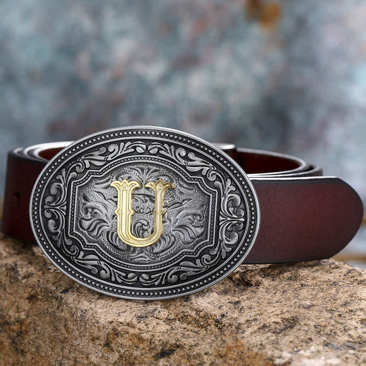 Cinturón de cuero unisex con hebilla y relieve de letras iniciales de hip hop, ideal para hacer uno mismo