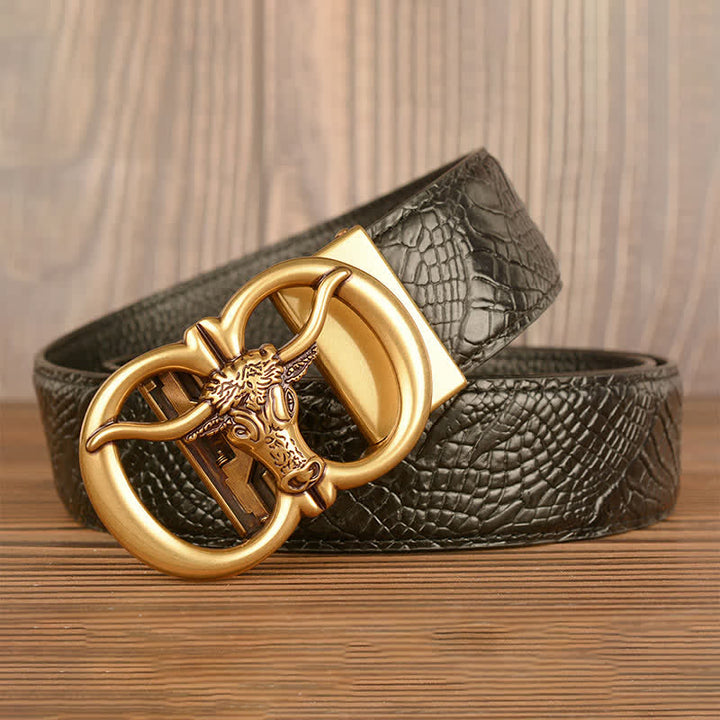 Cinturón de piel con estampado de cocodrilo y buey gigante para hombre