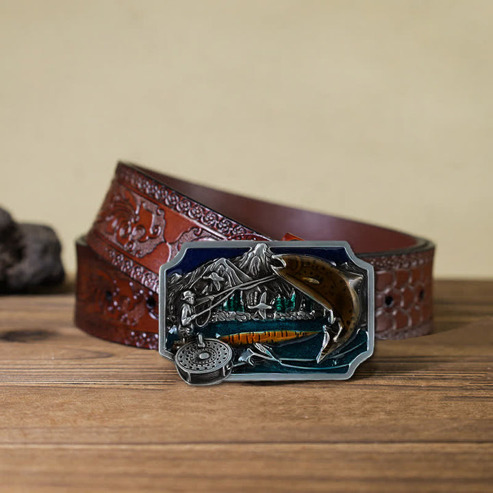 Cinturón de cuero con hebilla rectangular esmaltada para pesca, hecho a mano, para hombre