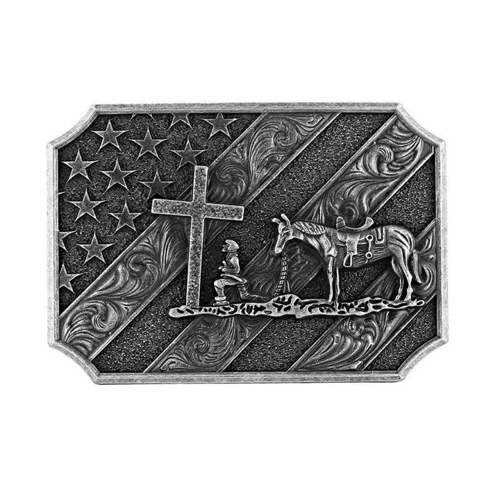 Cinturón de cuero con hebilla de caballo y cruz con bandera estadounidense para hombre, hecho a mano