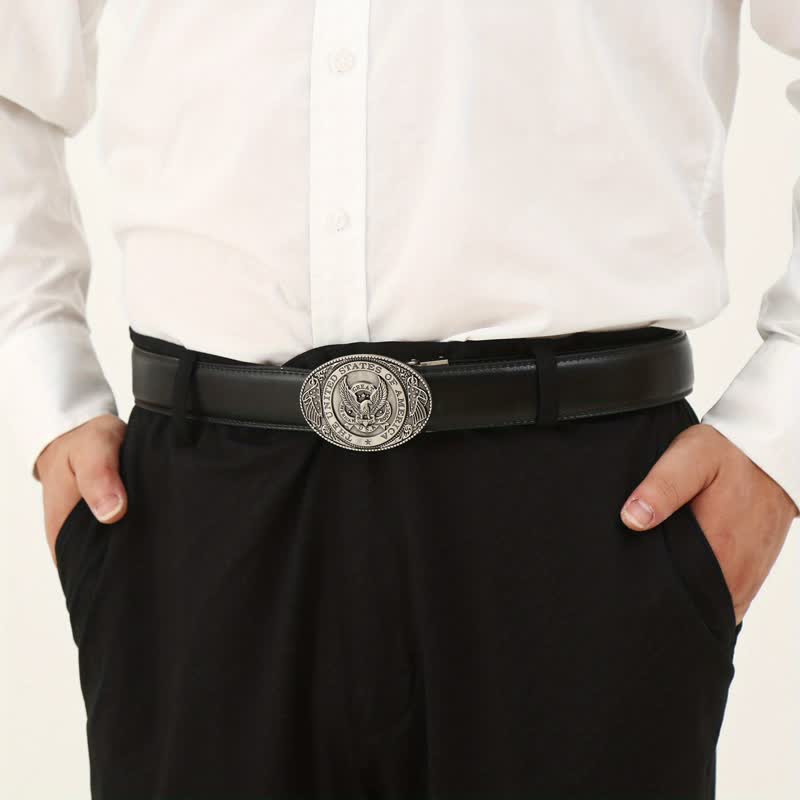 Cinturón de cuero con hebilla automática con bandera de águila de EE. UU. para hombre, hecho a mano