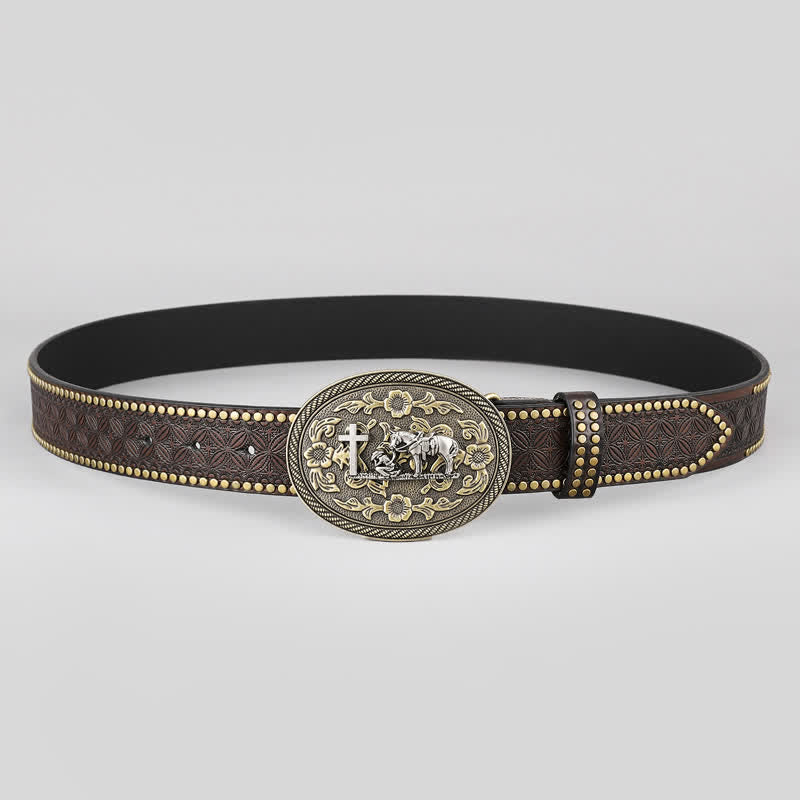 Cinturón de cuero con hebilla ovalada y decoración de caballo cruzado para hombre
