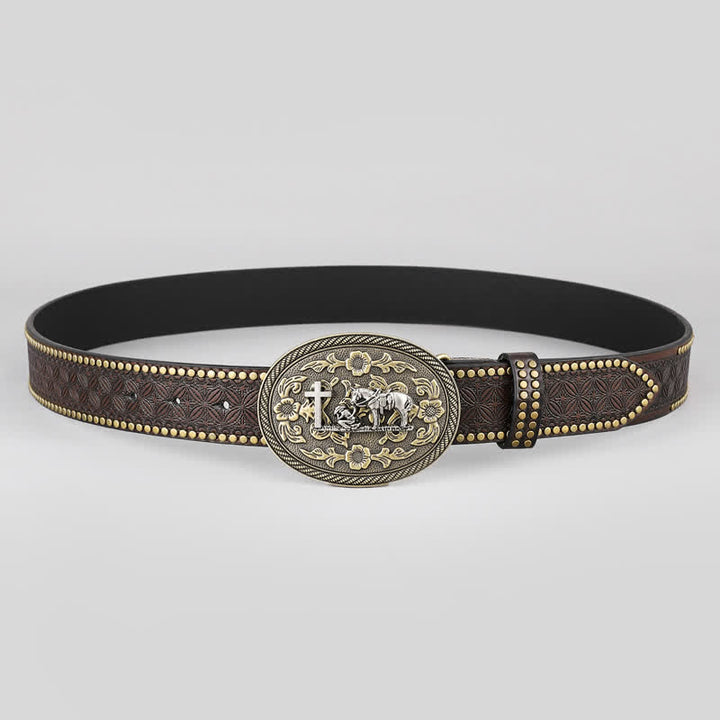 Cinturón de cuero con hebilla ovalada y decoración de caballo cruzado para hombre