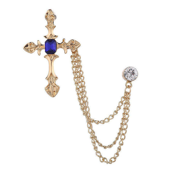 Broche clásico de cadena con cristales en forma de cruz para hombre