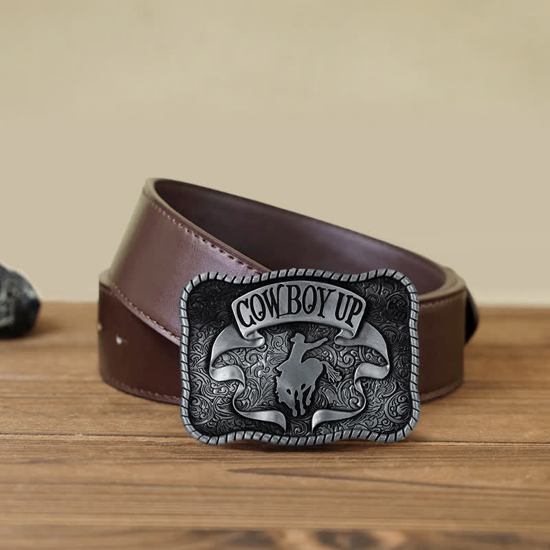 Cinturón de cuero con hebilla de caballo de rodeo para hombre, hecho a mano, con diseño de vaquero