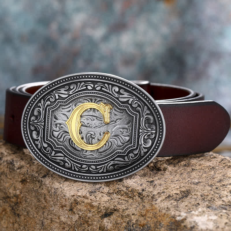 Cinturón de cuero unisex con hebilla y relieve de letras iniciales de hip hop, ideal para hacer uno mismo
