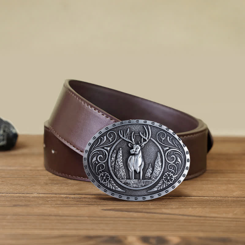 Cinturón de cuero con hebilla ovalada con diseño de ciervo del bosque para hombre hecho a mano