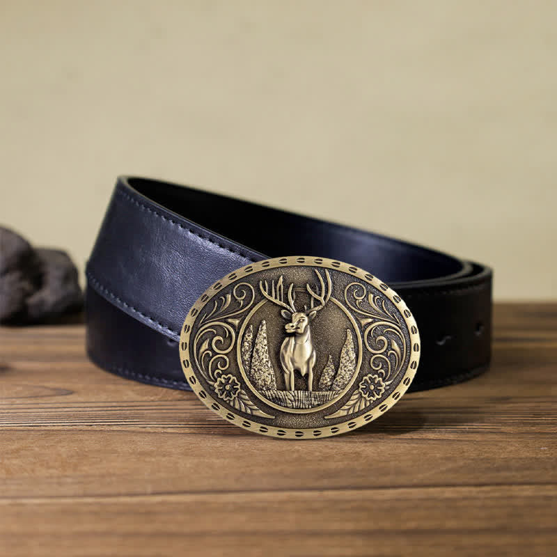 Cinturón de cuero con hebilla ovalada con diseño de ciervo del bosque para hombre hecho a mano