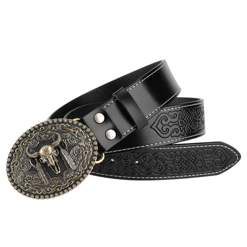 Cinturón de cuero para jeans con pluma grabada de toro para hombre