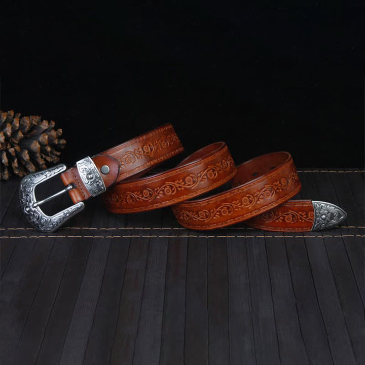 Cinturón unisex de piel con estampado de flores y textura rústica
