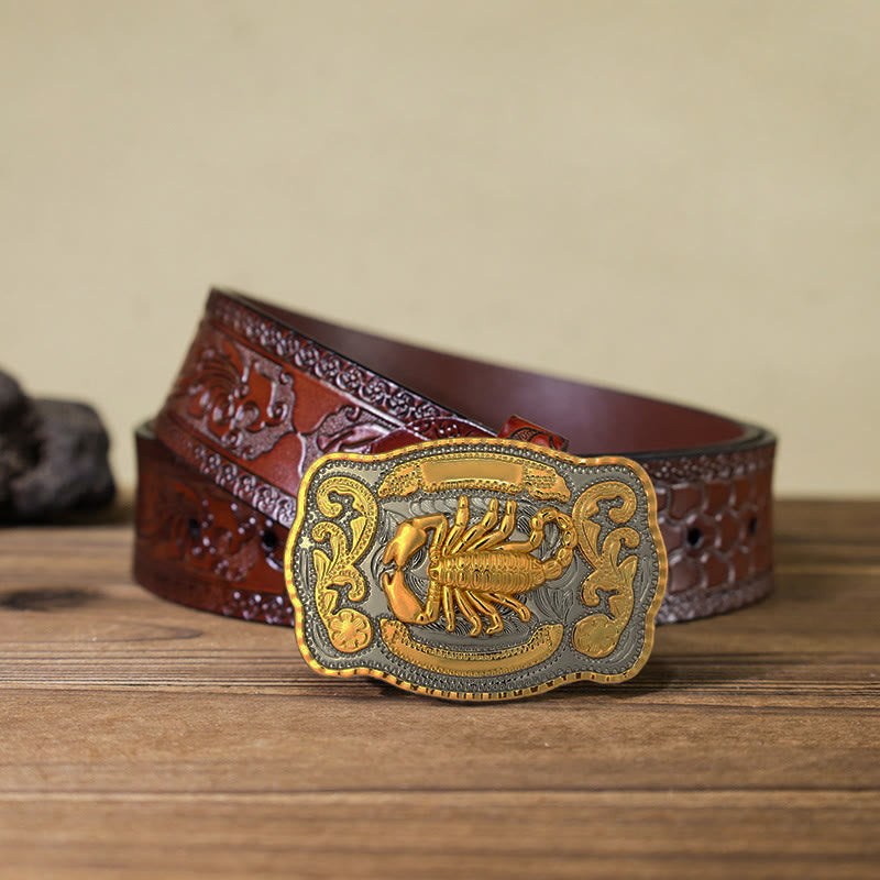 Cinturón de cuero con hebilla de escorpión dorado para hombre hecho a mano