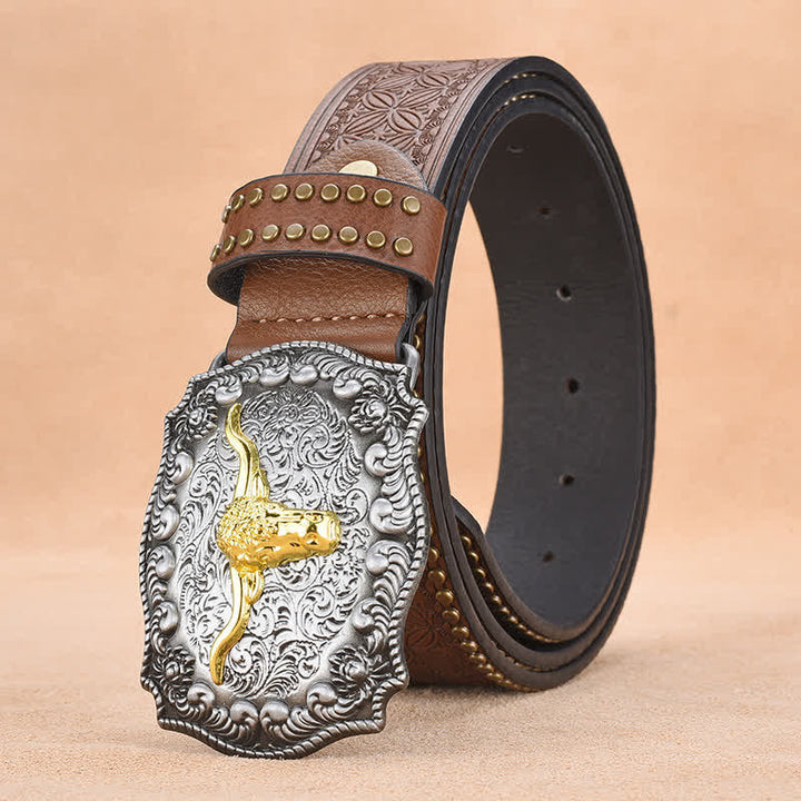 Cinturón de cuero de toro longhorn dorado con remaches punk para hombre