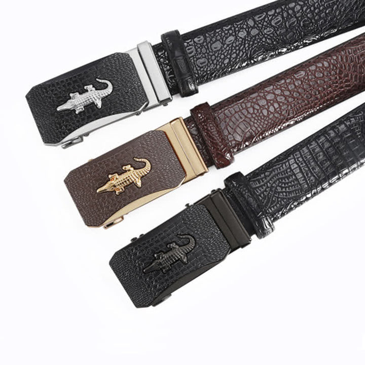 Cinturón de cuero con trinquete y hebilla con relieve de cocodrilo para hombre