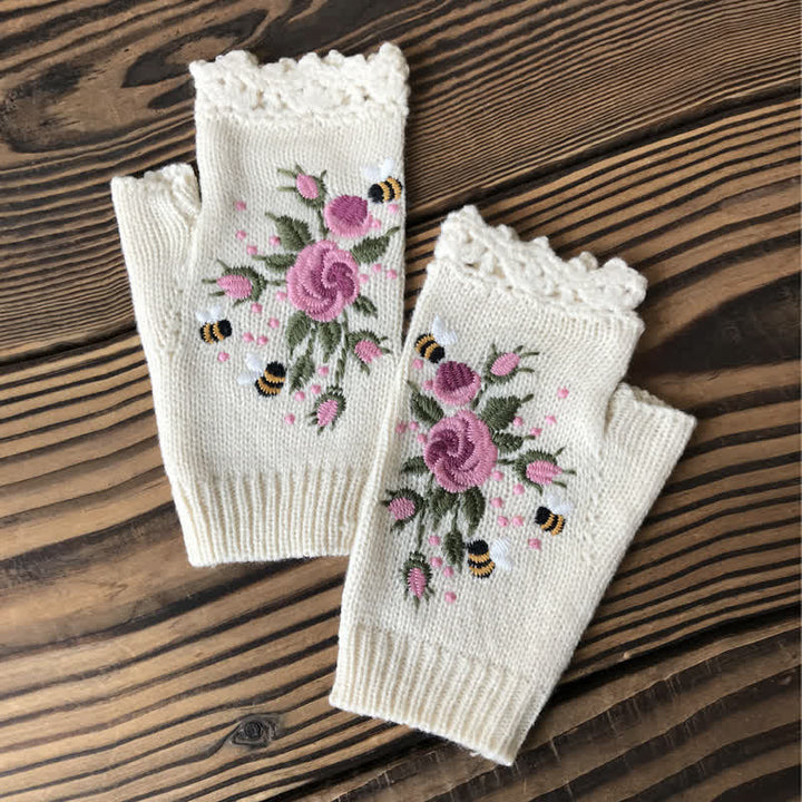 Guantes de punto de medio dedo con bordado de flores para mujer