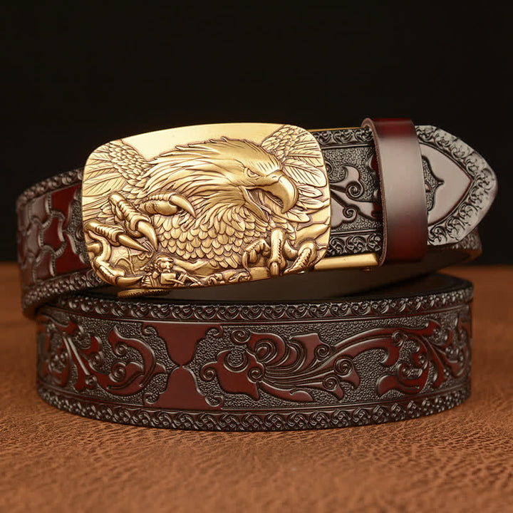 Cinturón de cuero genuino con relieve y hebilla de águila para hombre