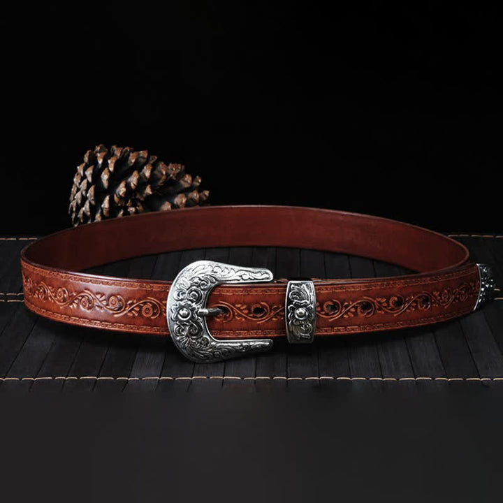 Cinturón unisex de piel con estampado de flores y textura rústica