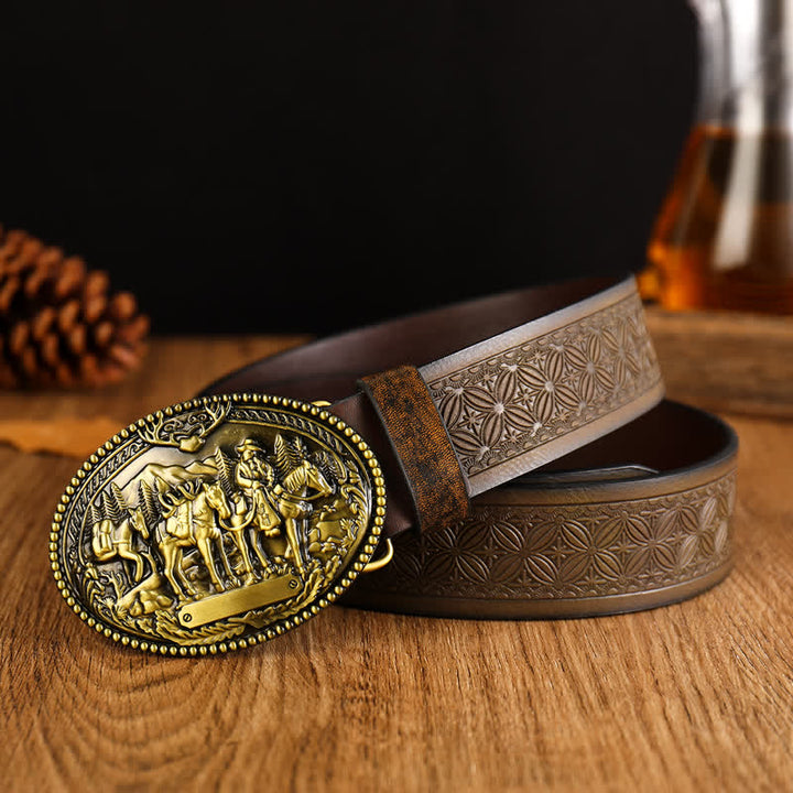 Cinturón de cuero con hebilla geométrica y diseño de caballo para hombre