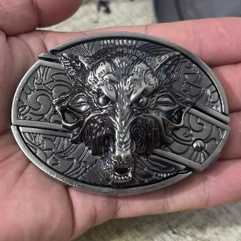 Cinturón de cuero con cuchillo plegable oculto con cabeza de lobo para hombre