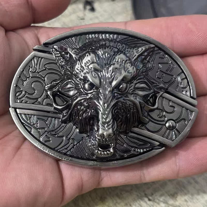 Cinturón de cuero con cuchillo plegable oculto con cabeza de lobo para hombre