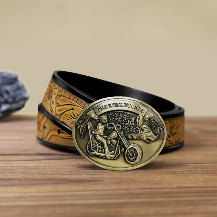 Cinturón de cuero con hebilla para hombre, hecho a mano, con diseño creativo de motocicleta