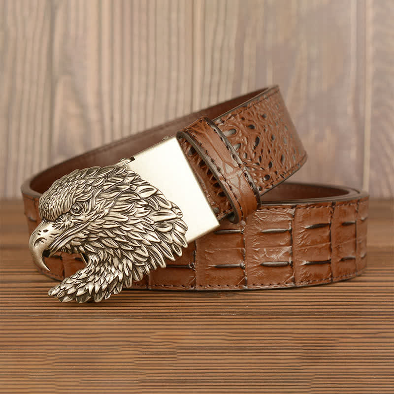 Cinturón de piel con relieve de cocodrilo y cabeza de águila para hombre