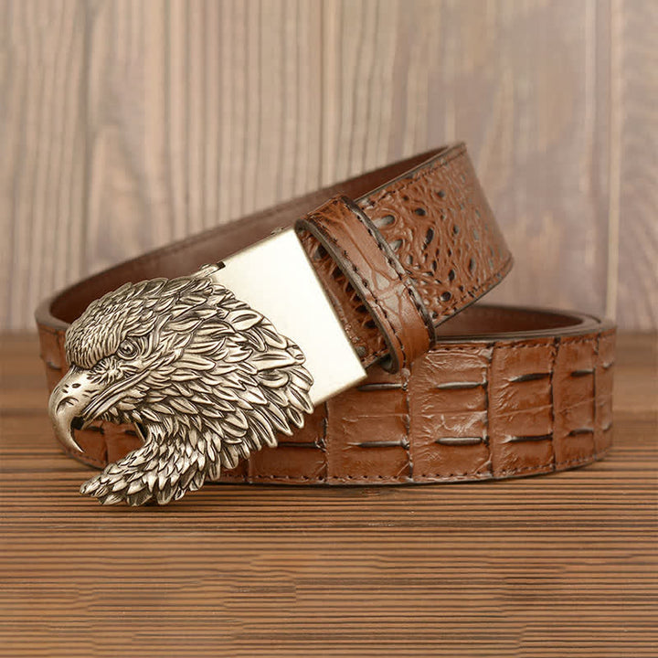 Cinturón de piel con relieve de cocodrilo y cabeza de águila para hombre