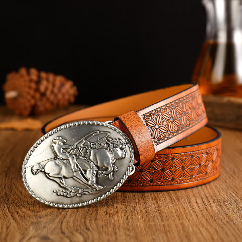 Cinturón de cuero con hebilla geométrica y diseño de caballo para hombre