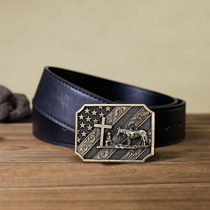 Cinturón de cuero con hebilla de caballo y cruz con bandera estadounidense para hombre, hecho a mano
