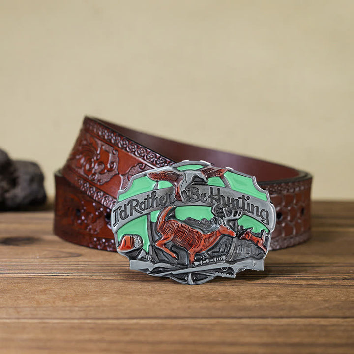 Cinturón de cuero con hebilla para hombre, hecho a mano, con diseño de ciervos en la naturaleza