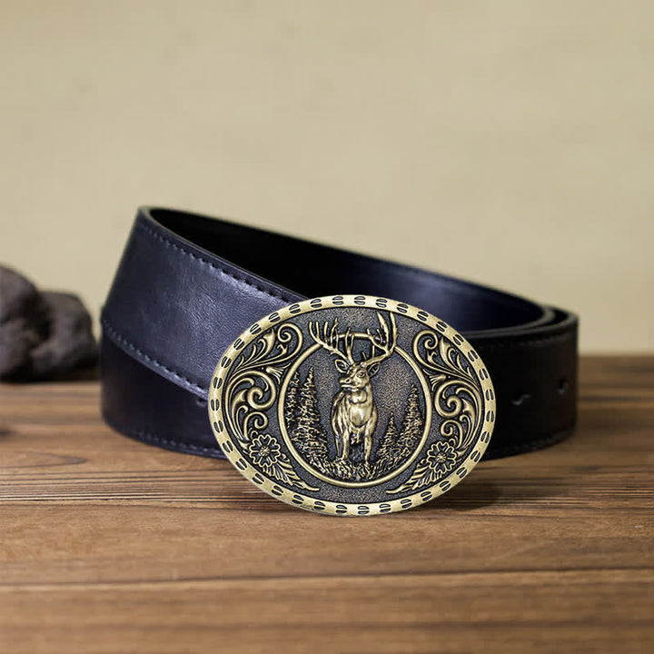 Cinturón de cuero con hebilla de bandera estadounidense para hombre, hecho a mano, con diseño de ciervos