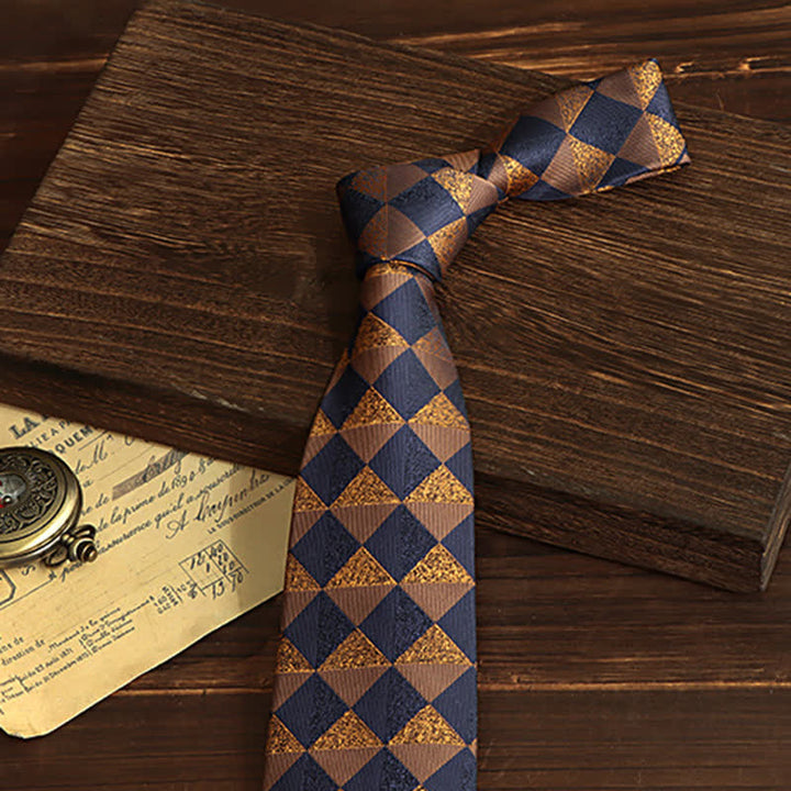 Corbata rústica de cuadros dorados y azul marino para hombre 