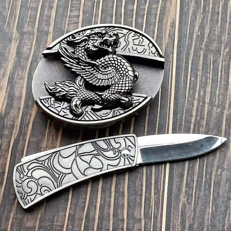 Cinturón de cuero con cuchillo plegable oculto de dragón volador para hombre
